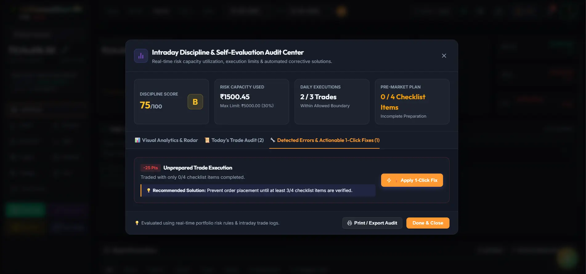 Intraday Discipline Audit Center - Detected Errors and Actionable 1-Click Fixes