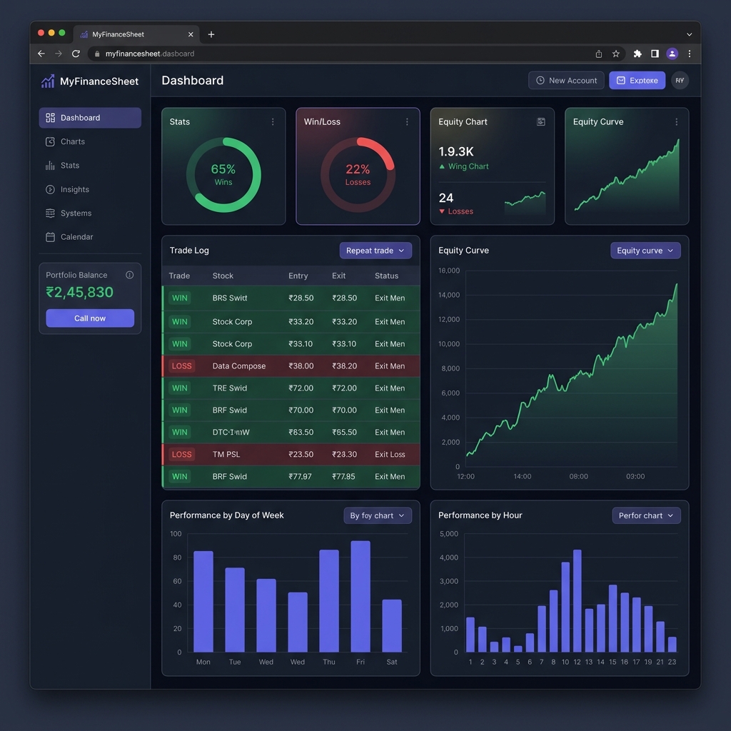 MyFinanceSheet Trading Journal Dashboard — showing trade log, equity curve, win/loss stats, and performance charts